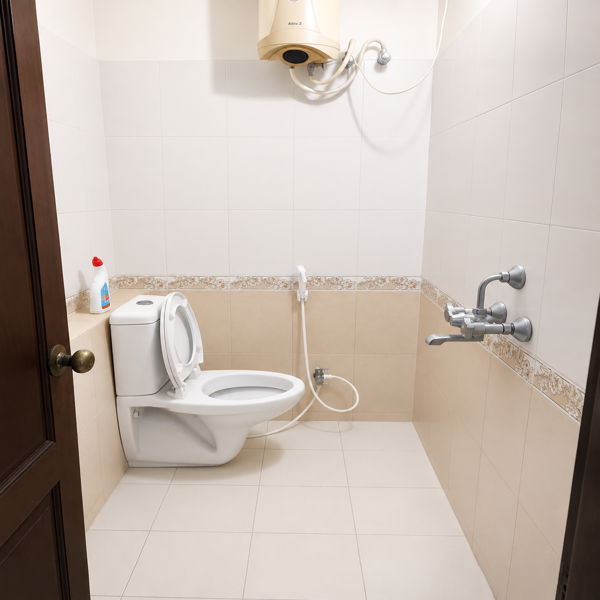 ceramic washroom, light grey bathroom, marble finish tiles, patterned tile border, ventilated washroom, louvered window, wooden window frame, wooden bathroom door, wall mounted flush tank, floor mounted toilet, toilet hygiene, bathroom utility area, bathing space, overhead shower, hand shower, water tap, plumbing fixtures, sanitary fittings, bathroom accessories, corner storage rack, toiletries shelf, personal care products, household washroom, private bathroom, attached bathroom, indoor washroom, compact washroom design, practical washroom, functional toilet area, residential washroom, apartment bathroom, accommodation bathroom, rental room bathroom, hostel bathroom, student living facility, student housing, professional housing, working individual accommodation, bachelor accommodation, shared living facility, convenient washroom, everyday bathroom, easy access bathroom, utility room, clean living environment, hygienic living space, comfortable rental living, ready to use bathroom, essential home facilities, urban rental accommodation, independent bathroom, modern utility space.
